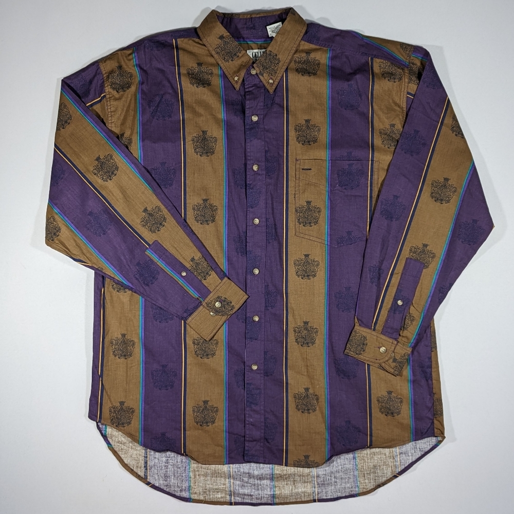 Vintage Cellini Dress Shirt Button Up AOP Crest Print Men's Size XL Long Sleeve